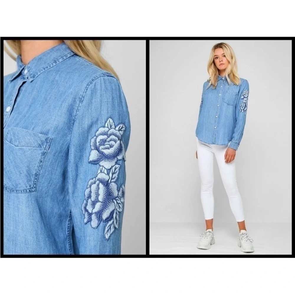 Rails Blue Denim‎ Shirt Floral Chambray Floral Embroidered Blouse Rose Appliqué